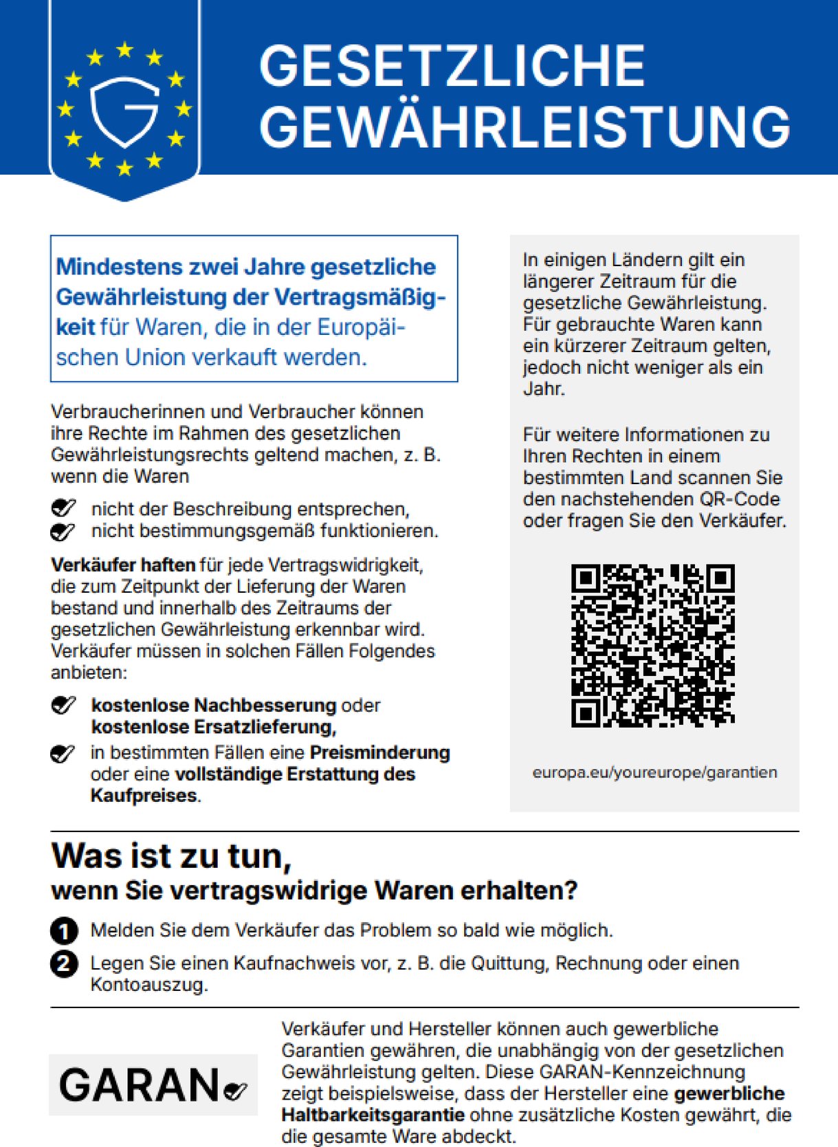 EU-Gew&auml;hrleistungslabel: gesetzliche Gew&auml;hrleistung